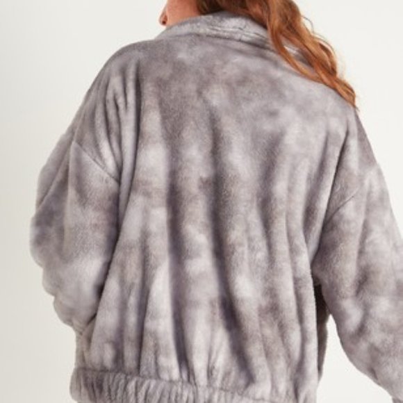 NWT Cozy Teddy Sherpa Zip Lounge Jacket Tie Dye Gray Plush Faux Fur - Picture 4 of 8